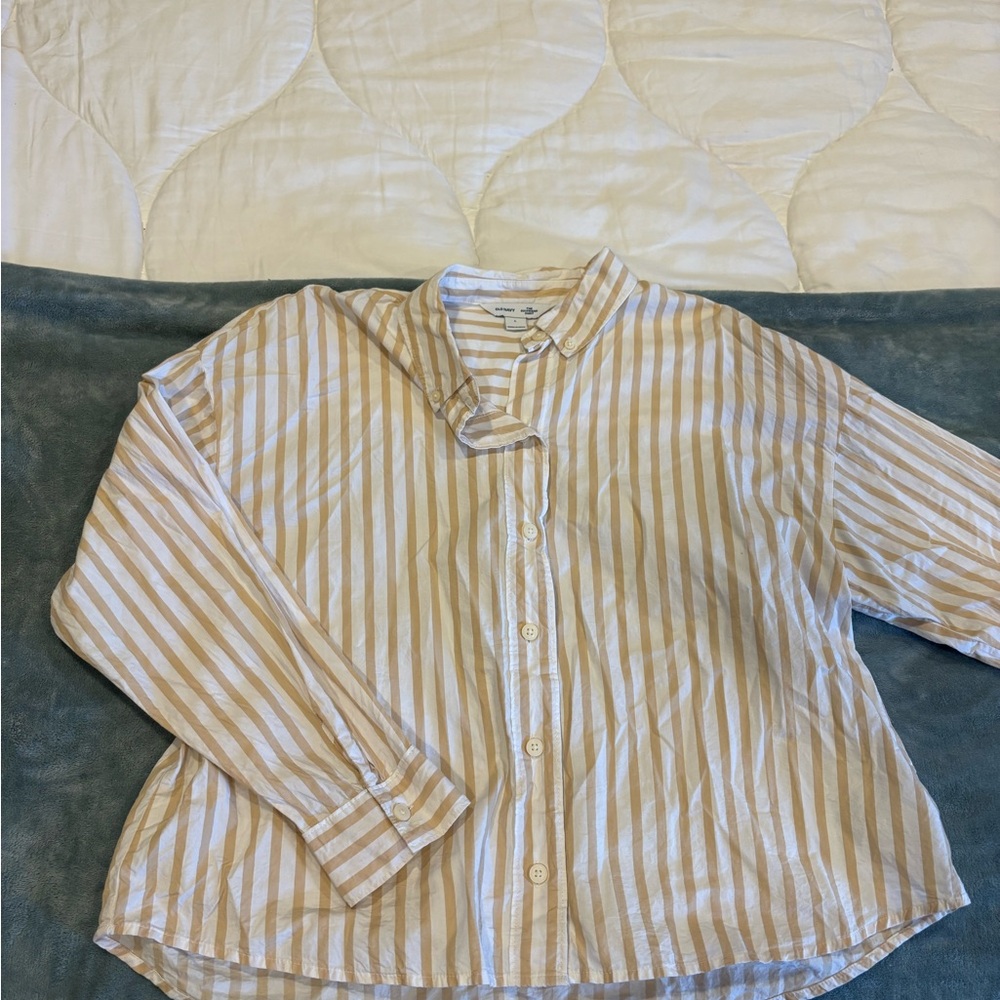 Striped Cropped Button Down in Beige and White